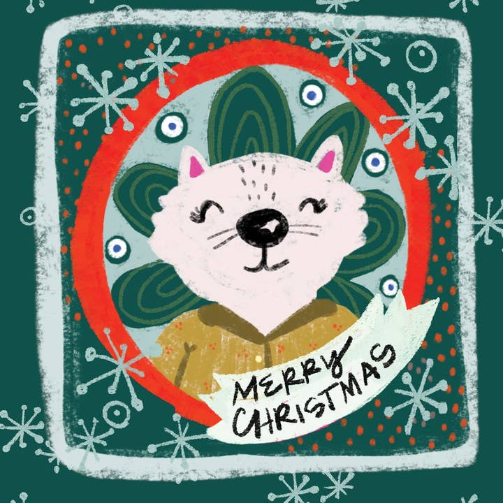 Carte de Chat Vert de Noël pour la vente par Courtney Kendall Art