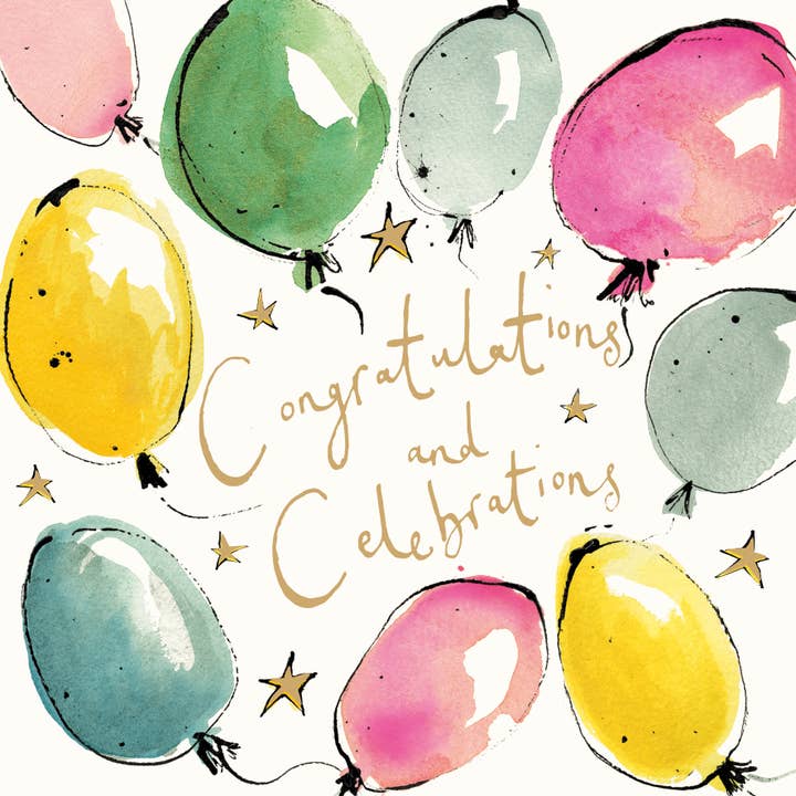 Celebration Balloons Gold Foil Card for wholesale by Anna Wright Ltd