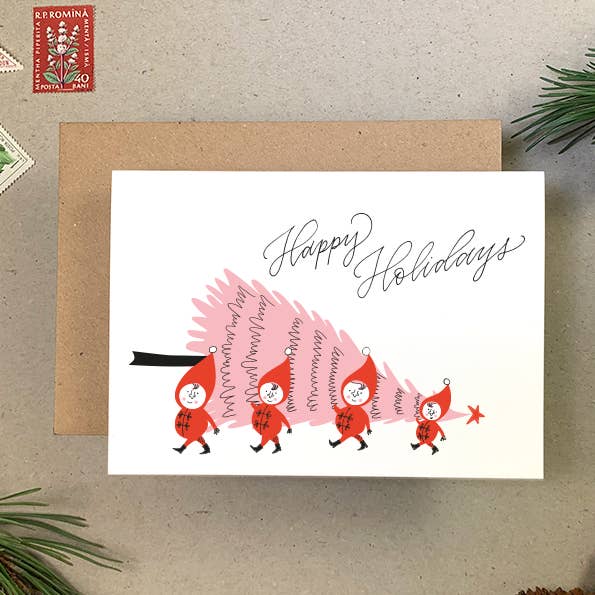 IMOGEN OWEN – wholesale Christmas card – Happy Holidays - Elves Bringing Home Christmas Card0
