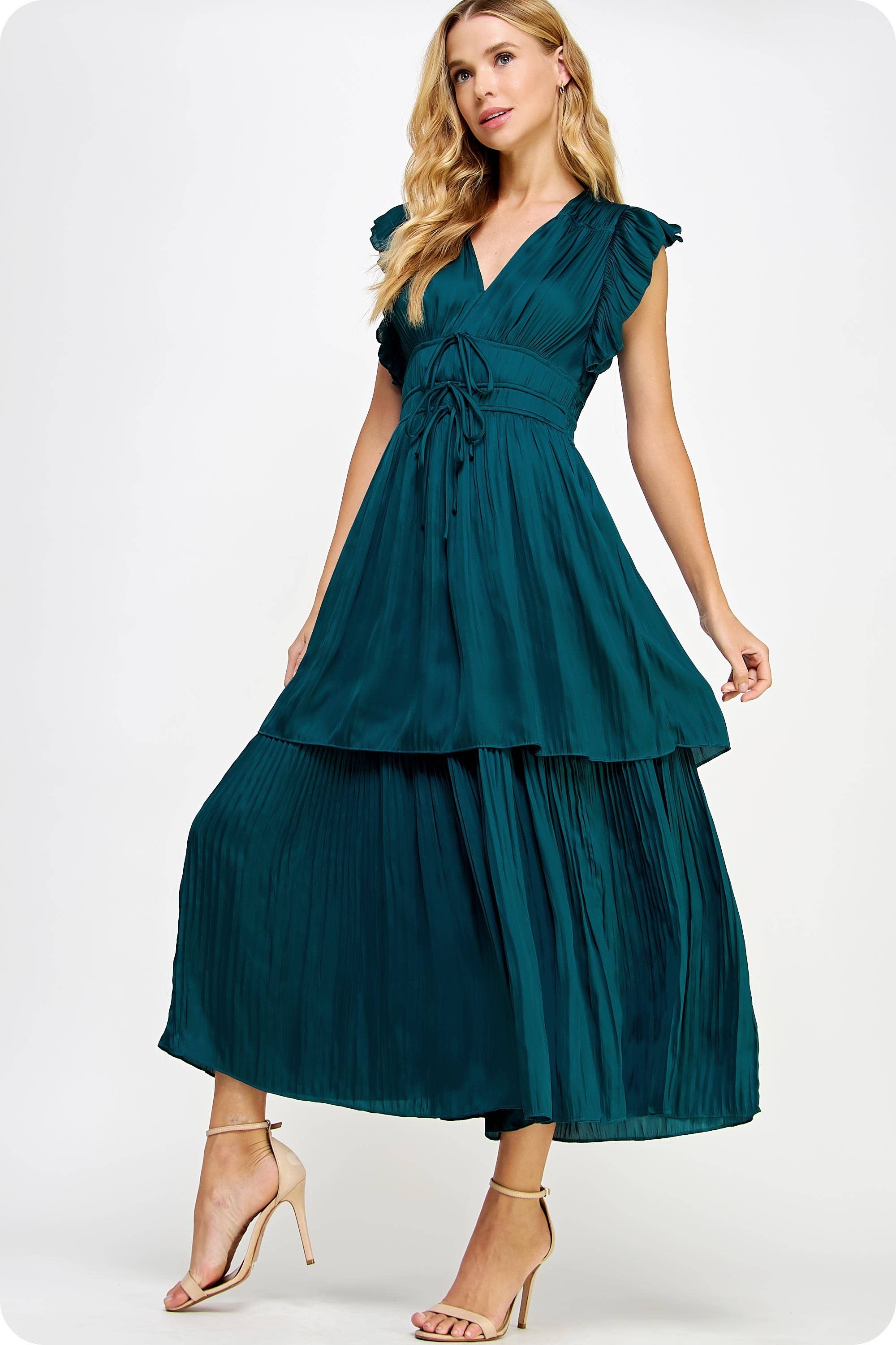 Strut & Bolt – wholesale Dress – Women's – Ruffled Pleated Satin Long Dress12