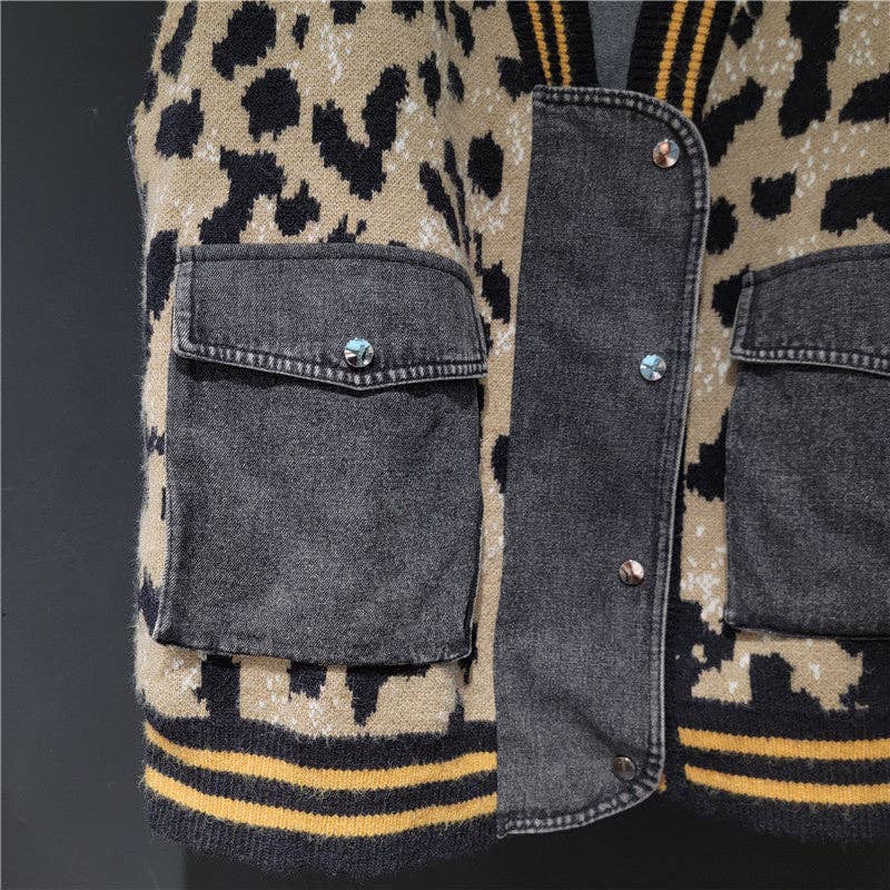 Caramel Brown M267 Autumn Winter Leopard Print Patchwork Denim Knit Vest for wholesale on Faire3