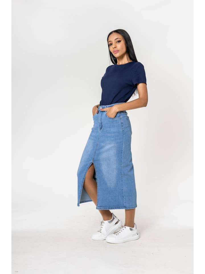 Nina Carter - Wholesale Skirt - Women's - Nina Carter denim jean long skirt with front split front P21515