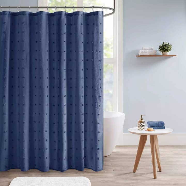 Olliix - Wholesale Shower Curtain - Cotton Jacquard Pom-Pom Shower Curtain, Navy Blue