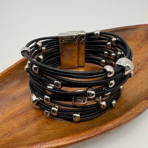 Trades by Haim Shahar - Wholesale Beaded Bracelet - Black Leather Wide Beaded Bracelet5