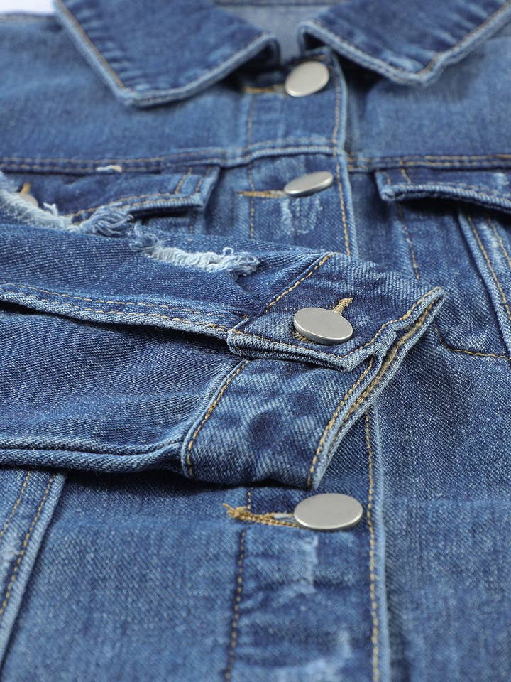 Blue Lapel Distressed Raw Hem Buttons Denim Jacket for wholesale on Faire17
