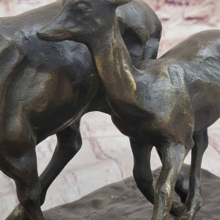 Bronzhaus - Wholesale Sculpture - Deer Buck Elk and Doe Fawn Caribou Reindeer Bronze Statue Sculpture Marble Base 11" x 13"8