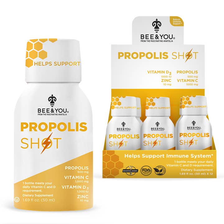 BEE&YOU - Wholesale Oral Supplement/Vitamin - Propolis + Vit D3 + Vit C + Zinc Shot, 1.69oz x 12