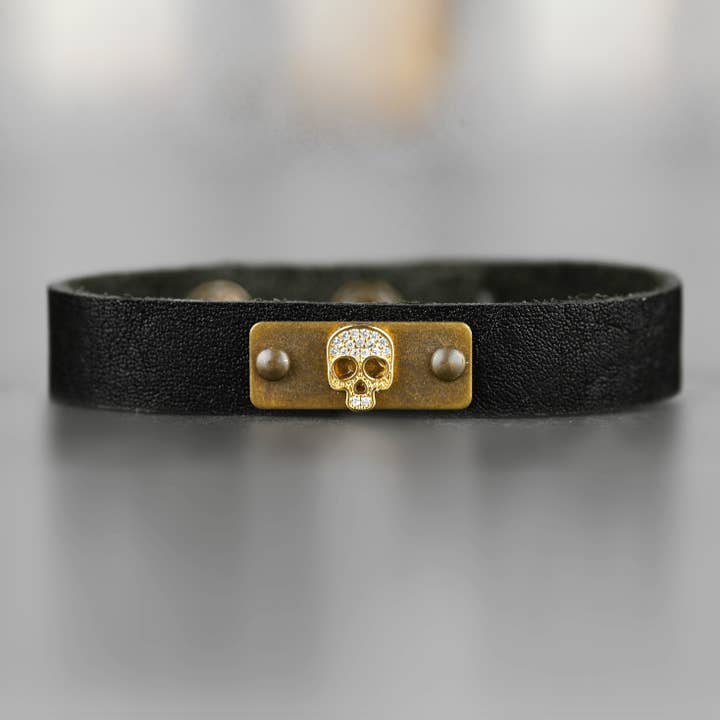 Leather Stacker Cuff w/ Pave Skull for wholesale by KBD Studio