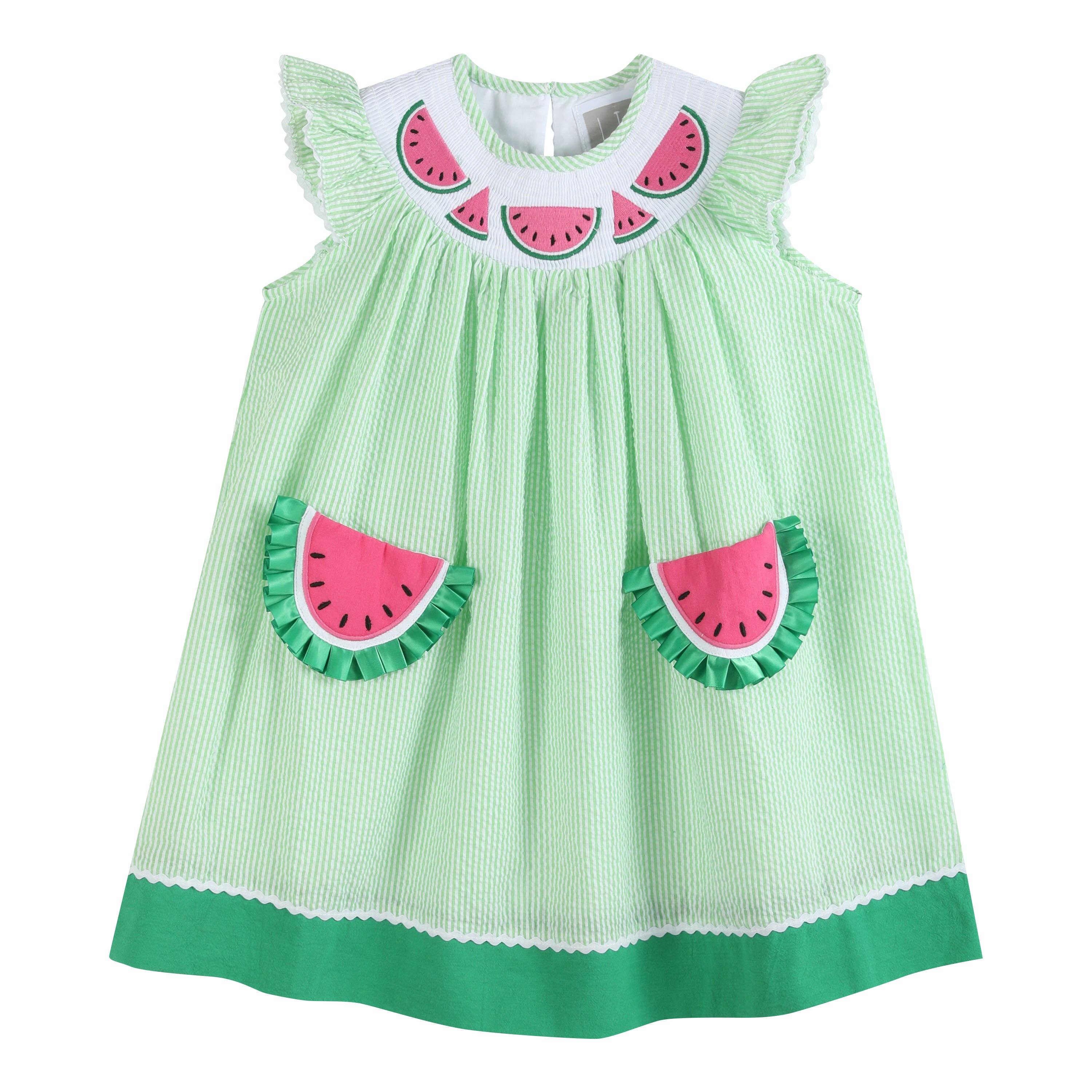Lil Cactus - Wholesale Dress - Kids - Green Seersucker Watermelon Smocked Bishop Dress