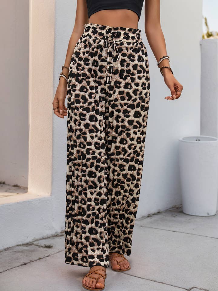 Leopard Stylish Leopard-Print Pleated Wide-Leg Trousers for wholesale on Faire