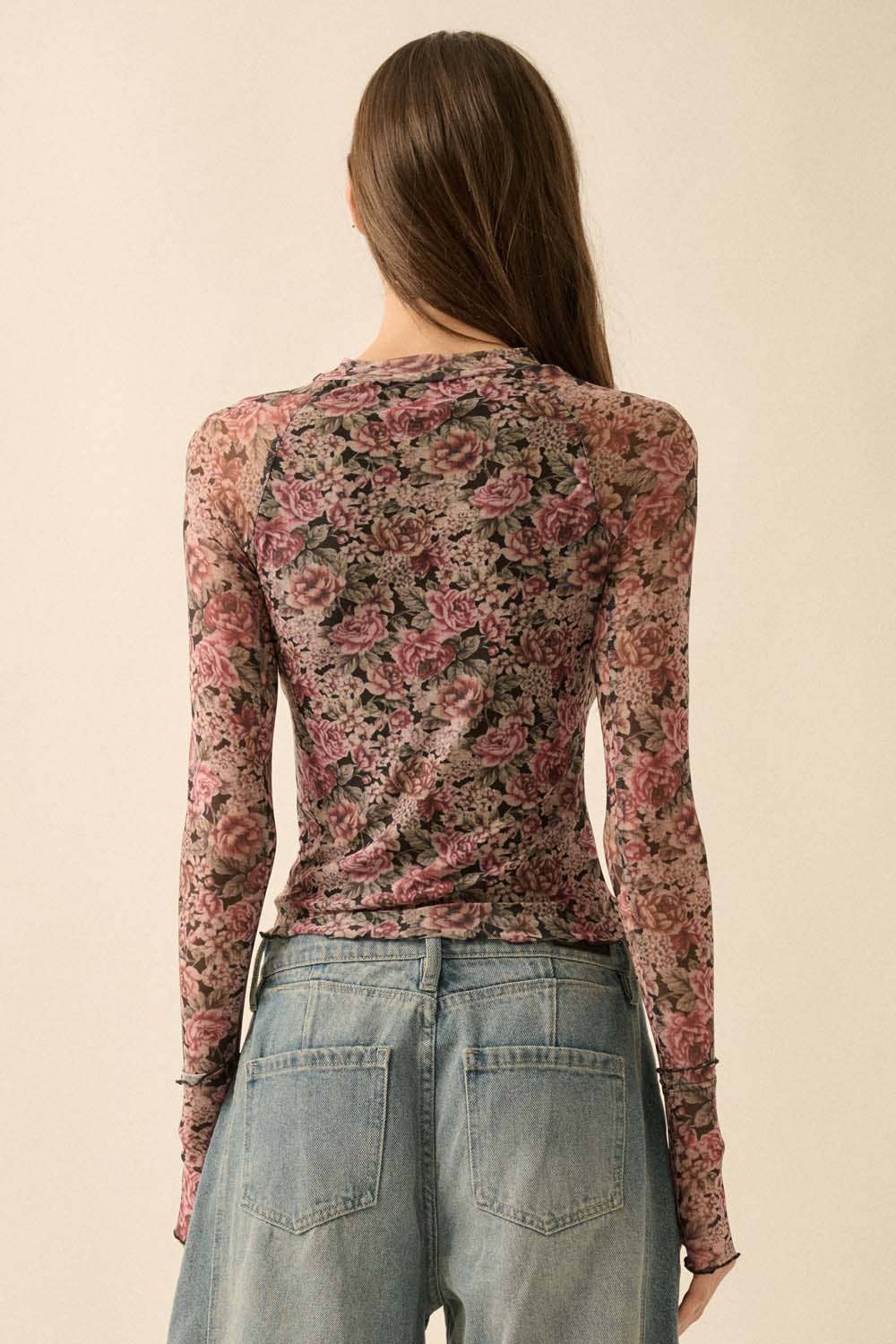 Promesa USA - Wholesale Knit Top - Women's - Floral-Print Mesh Thumbhole Mock-Neck Top17