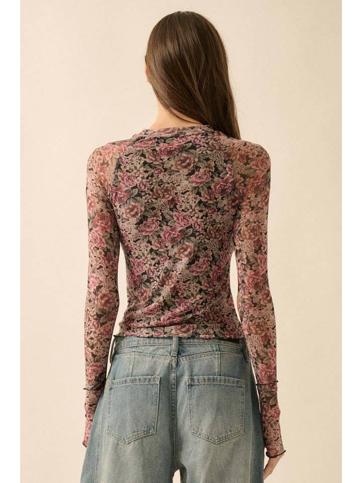 Promesa USA - Wholesale Knit Top - Women's - Floral-Print Mesh Thumbhole Mock-Neck Top17