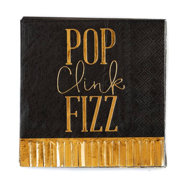 NYE839 - Pop Clink Fizz Fringed Cocktail Napkins for wholesale by My Mind’s Eye