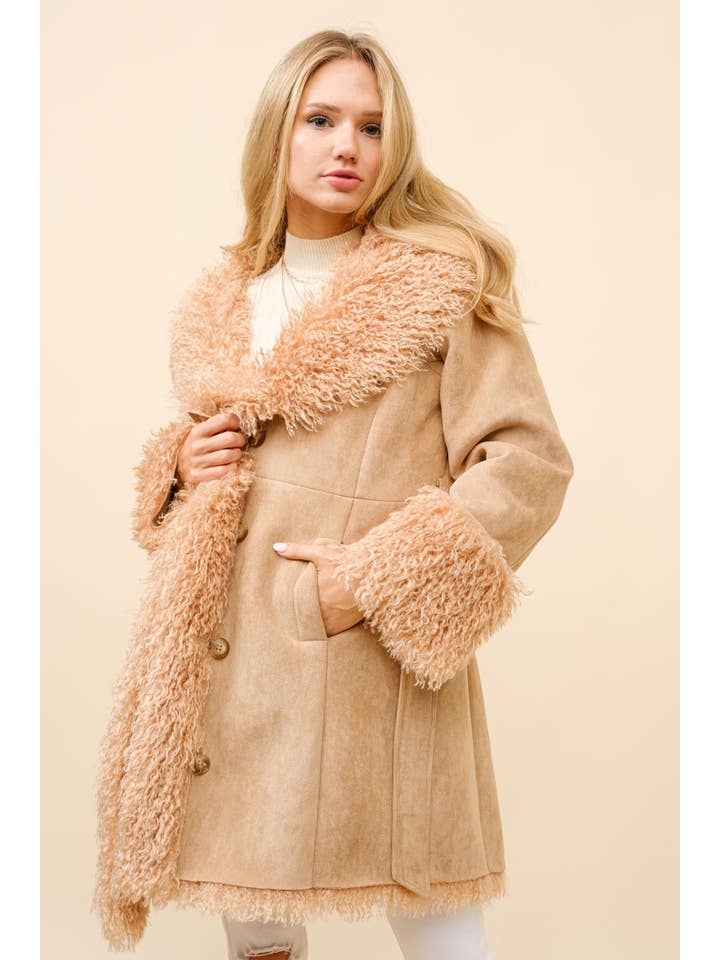 TAN 36235J - Mid Length Fur Belted Coat for wholesale on Faire