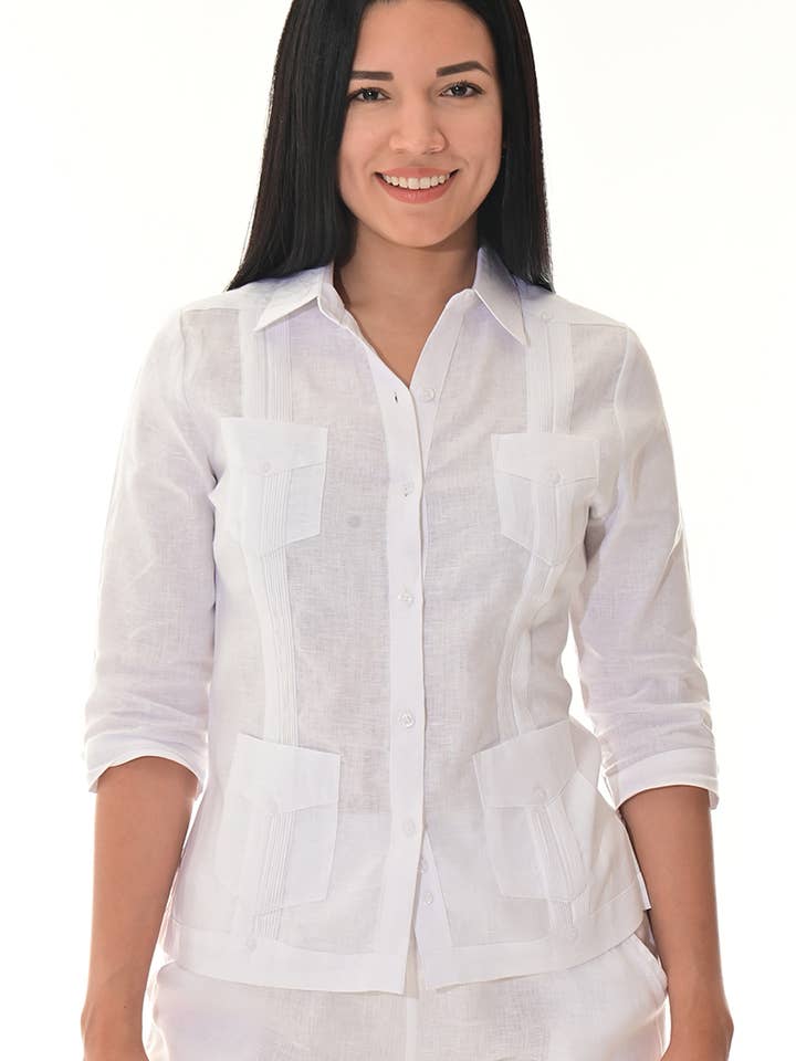 Ladies Linen Guayabera Top 3/4 Sleeve Traditional-A-LLGB3009 for wholesale by Azucar & Bohio