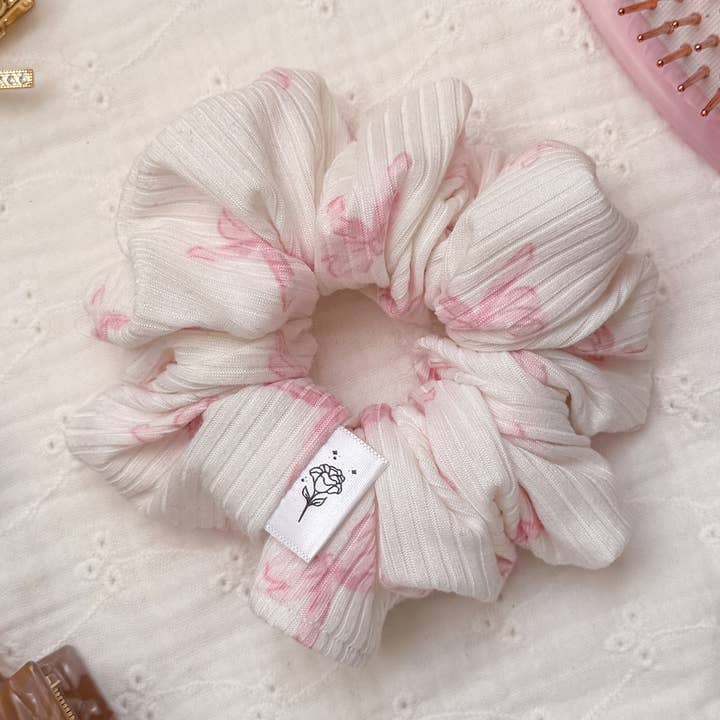 Ribbed Pink Bow Scrunchie for wholesale by Wild Rose Accessories