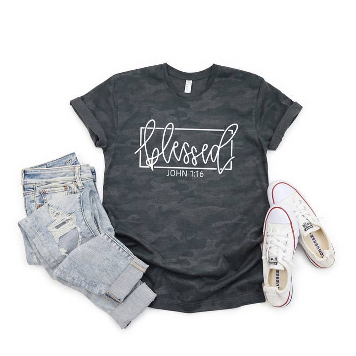 Blessed John 1:16 Camo Shirt Unisex Sizing Christian Shirt for wholesale by Two Jays