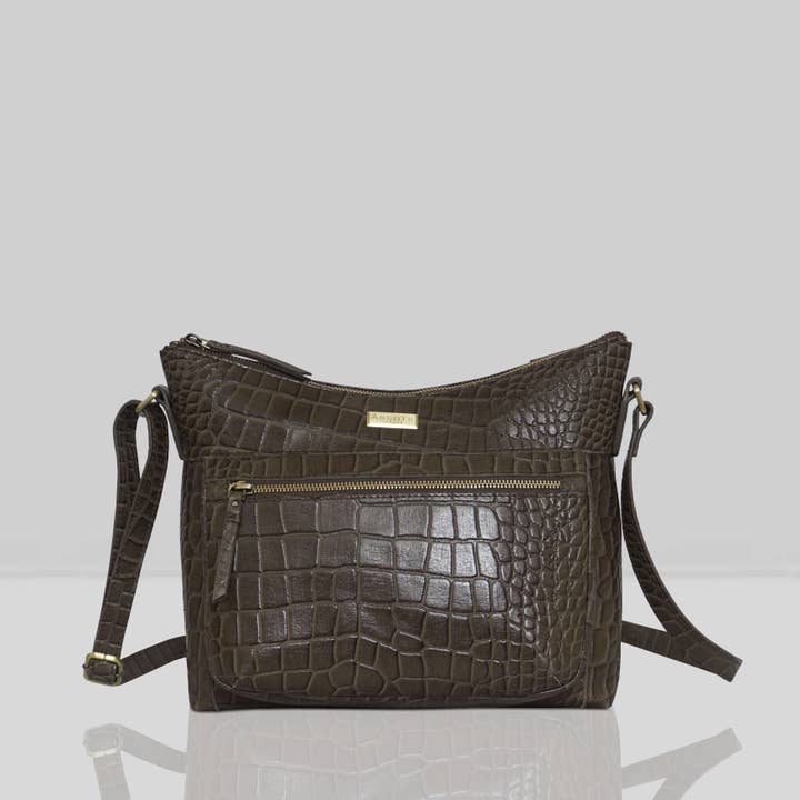 'OLGA' Olive Croc Designer Leather Crossbody Shoulder Bag for wholesale by Assots London
