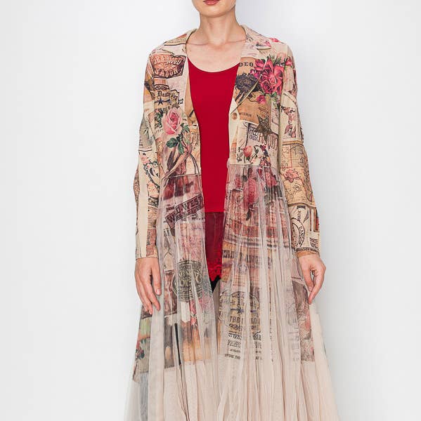 Chic Contrast Longline Blazer Jacket With Mesh Tulle Panel - 4773TP ROSE WEST for wholesale by Origami Apparel ~ Lace and Crochet inspired