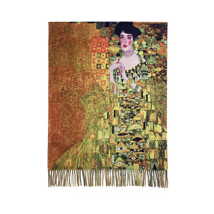 Fashion Scarf World – wholesale Scarf – Women's – Klimt 'Portrait Of Adele' Print Wool Tassel Scarf4