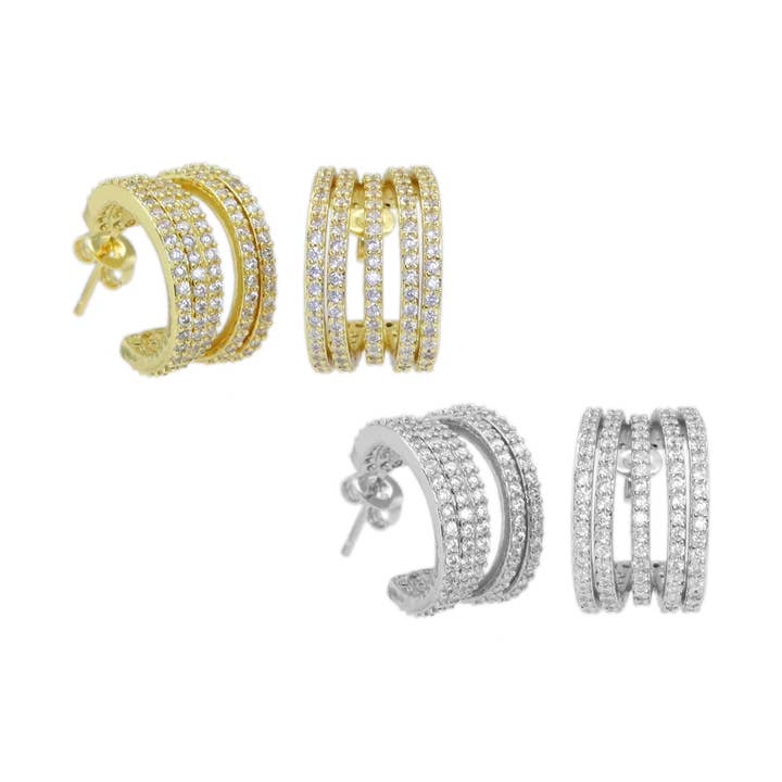 Gold Clear CZ Multiline Huggie Earrings, Sku#A226 for wholesale by BestBeads&Beyond