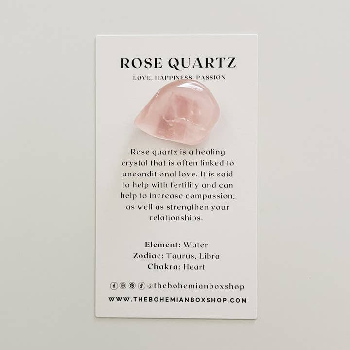 Pocket Rose Quartz Tumbled Crystal with Information Card for wholesale by The Bohemian Box Shop