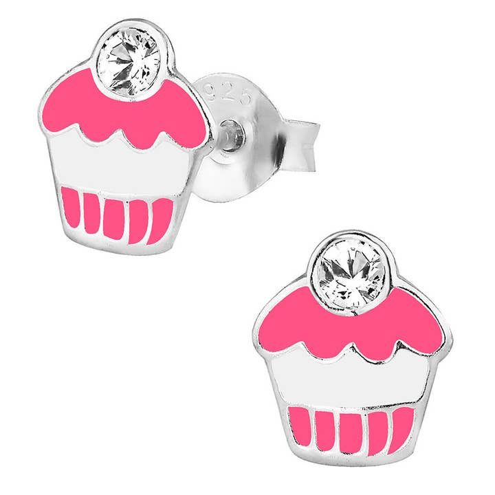 Sterling Silver Cute Pink & White Jeweled Cupcake Stud Earrings for wholesale by Penny & Piper