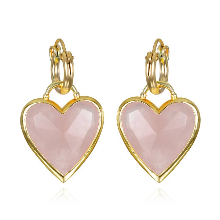 Créoles Cœur Encadré-Quartz Rose pour la vente par Amelia Rose Jewelry