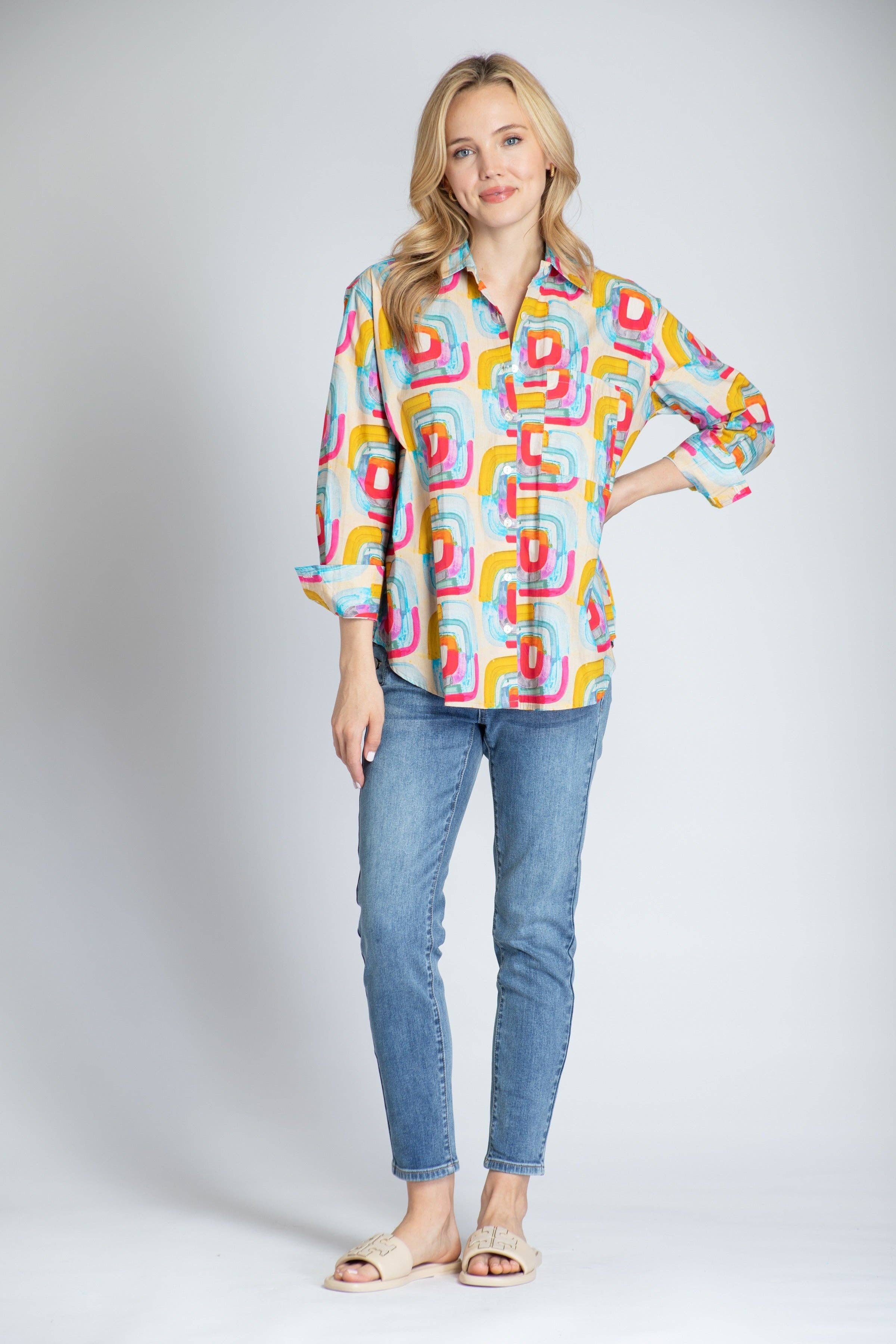 Pas de couleur Blocks Of Color Print - Chemise boutonnée Boyfriend en vente sur Faire5