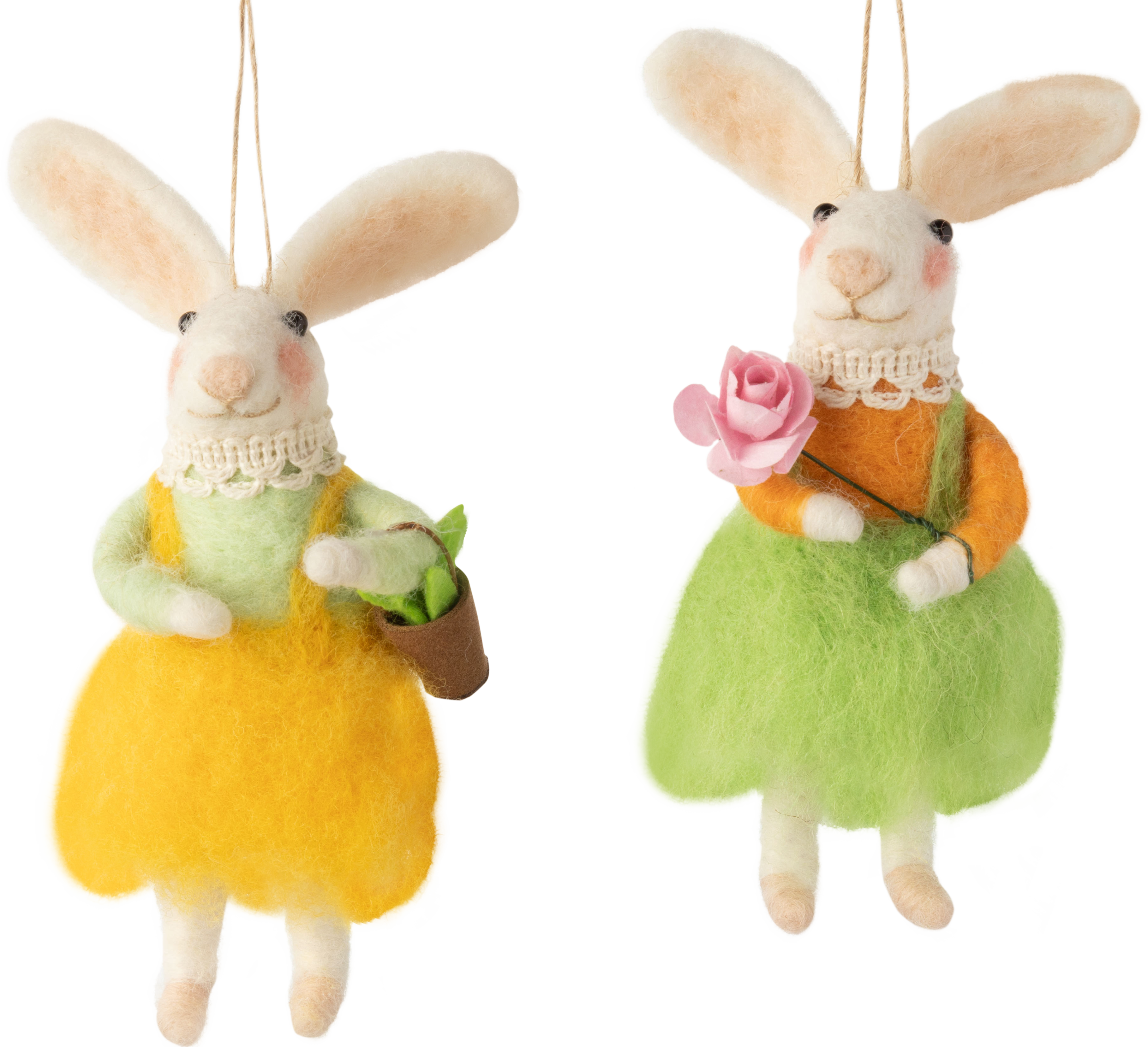 Silver Tree Home & Holiday - Wholesale Ornament - A12557: 2 Asst felt bunny orn,flossy wool skirts,4.75in0