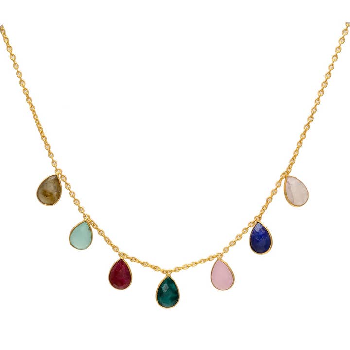 Ketting met 7 druppelvormige natuurstenen in diverse kleuren voor wholesale door Mestiza Joyas