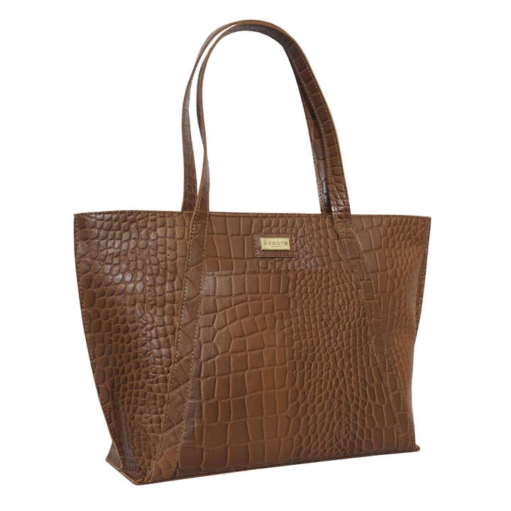 Assots London - Wholesale Tote Bag - Women's - 'AGNES' Tan Vintage Croc Real Leather Designer Tote Bag4