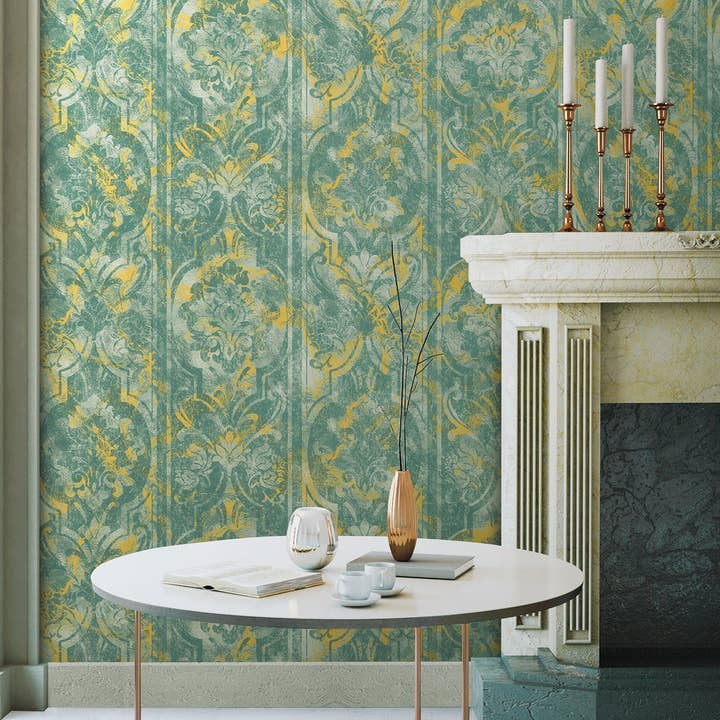 Moderne groen gewassen verweerd behang, rijk damast gestructureerd reliëfmuurbekleding, grote rol van 114 vierkante voet, wasbaar, verroest, abstract voor wholesale door Walloro Luxury Embossed Wallpaper