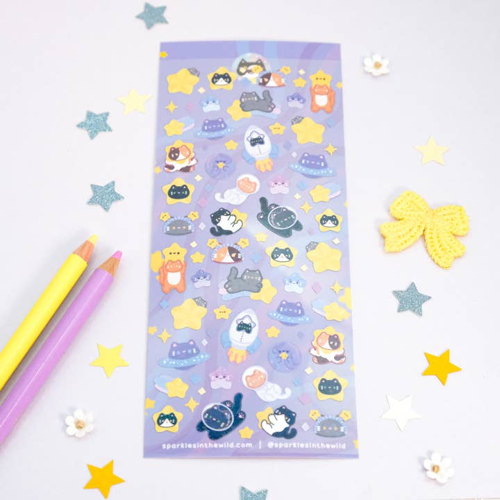 Space Cat Glitter Deco Sticker Sheet pour la vente par Sparkles in the Wild