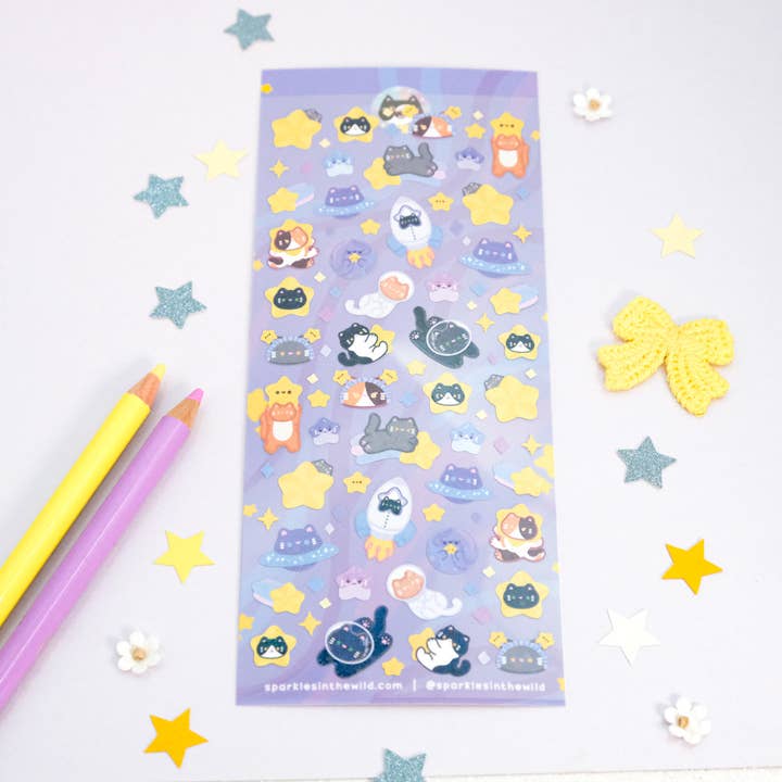 Space Cat Glitter Deco Sticker Sheet pour la vente par Sparkles in the Wild