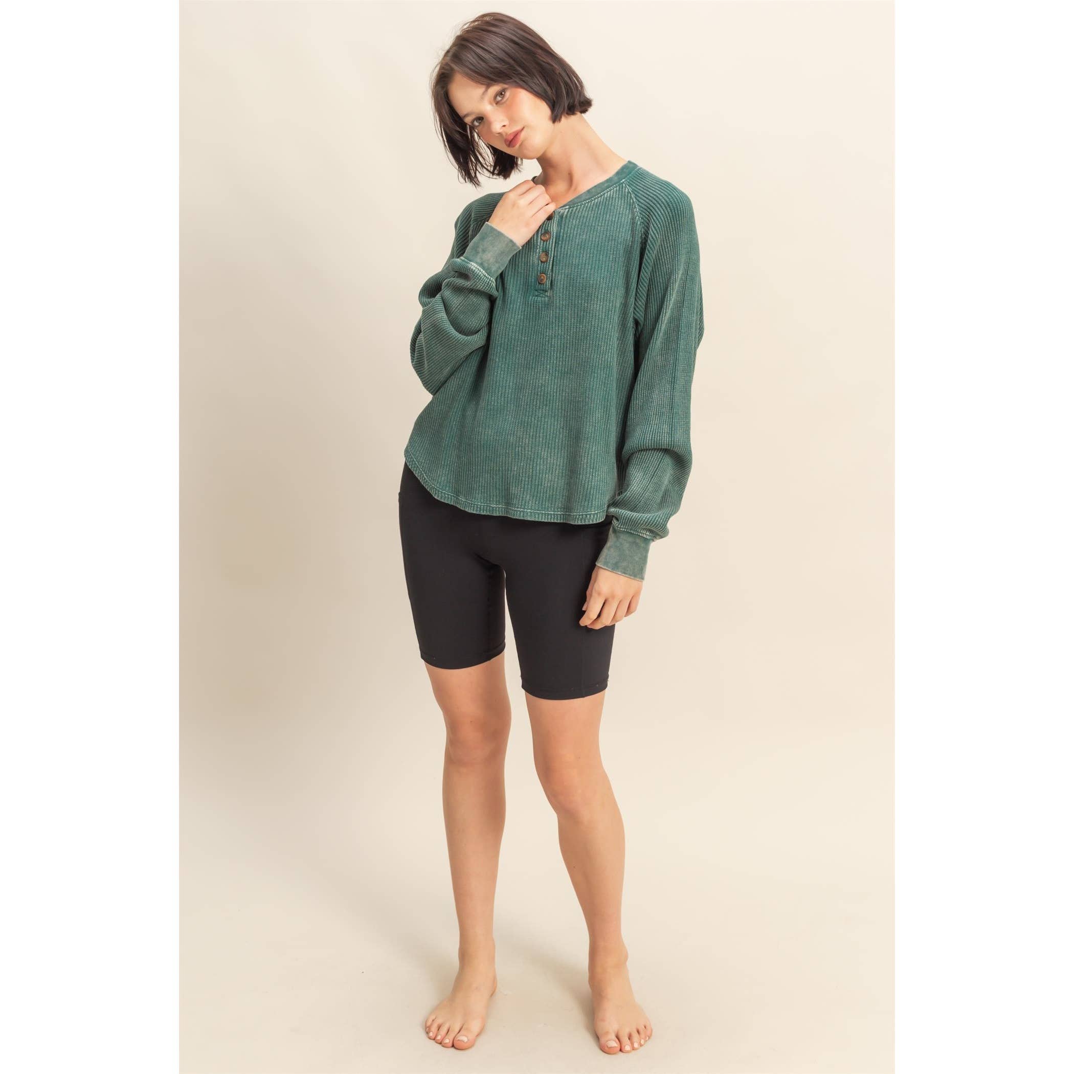 Double Zero - Wholesale Sweatshirt - Women's - Mineral Washed Henley Waffle Raglan Sleeve Top23