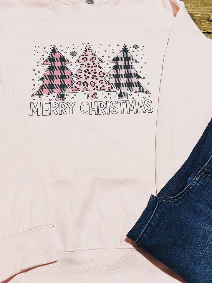 Pink Christmas Tree Crewneck for wholesale by Bearded Bird Apparel