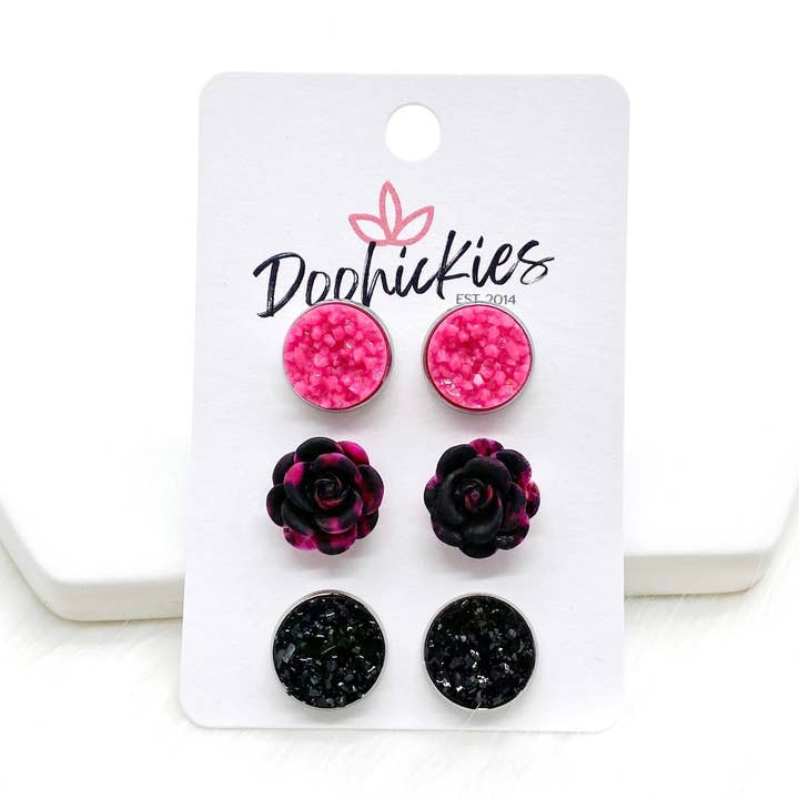 12mm Pink Krystaler/Pink & Black Roser/Sort i rustfrit stål Indstillinger -Øreringe for engroshandel hos Doohickies