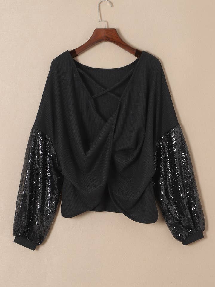 FASHION BLVD - Wholesale Knit Top - Women's - FB Sequin Waffle Patchwork Sleeve Open Back Top21