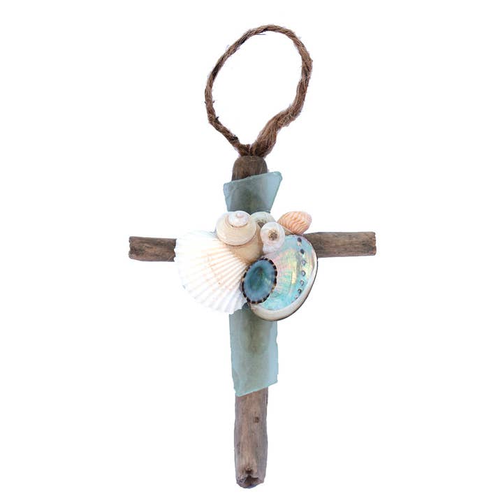 California Seashell Company - Wholesale Ornament - Driftwood Cross Ornament with Sea Glass