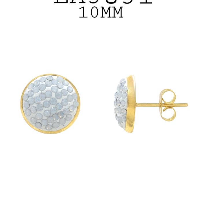 Brincos Redondos com Botão de Aço Pave Dourado, Botão em Aço, 10mm por atacado de Nisso & Co. NYC Jewelry Wholesale