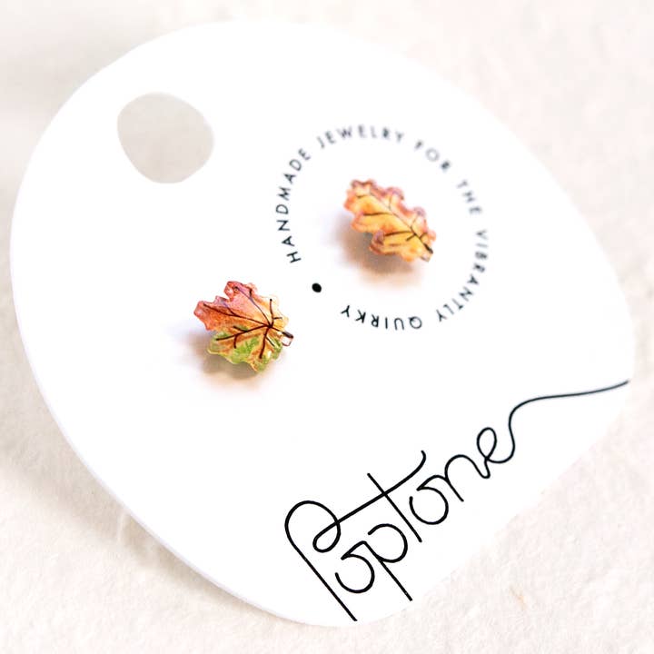Tiny Mismatched Maple and Oak Leaf Stud Earrings for wholesale by Poptone Co.