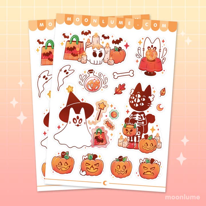 Halloween Cats vinyl and waterproof A6 sticker sheet for wholesale by Moonlume
