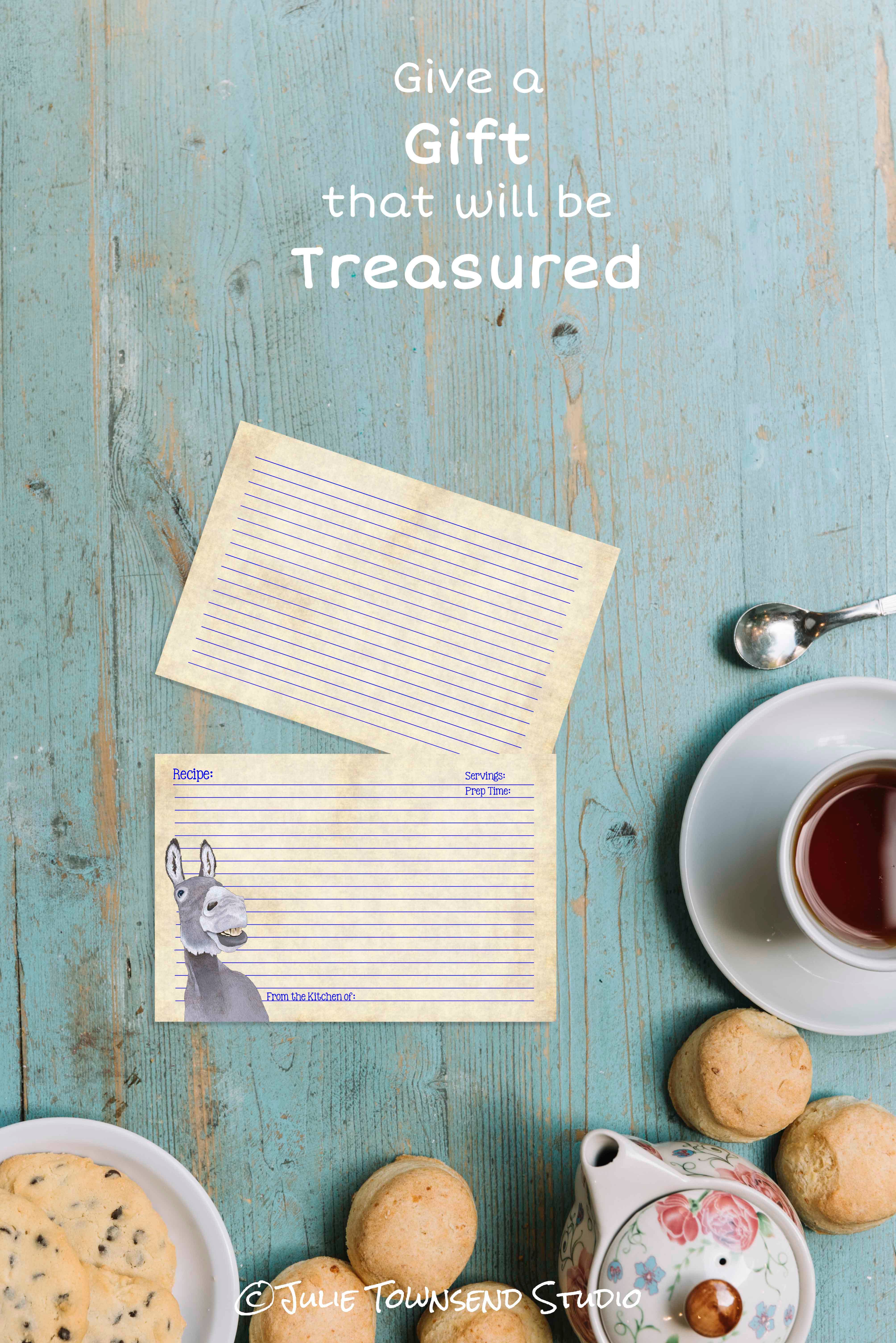 Julie Townsend Studio - Wholesale Recipe Card - Recipe Cards - Set of 12 Cute Donkey Recipe Cards - 1134