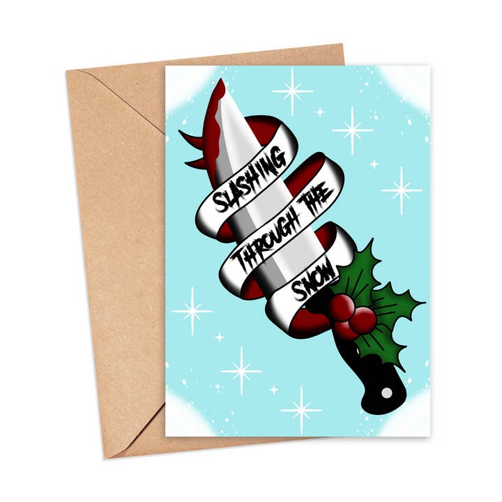 Slashing Through The Snow Spooky Horror Greeting Card for wholesale by Printy Vibes