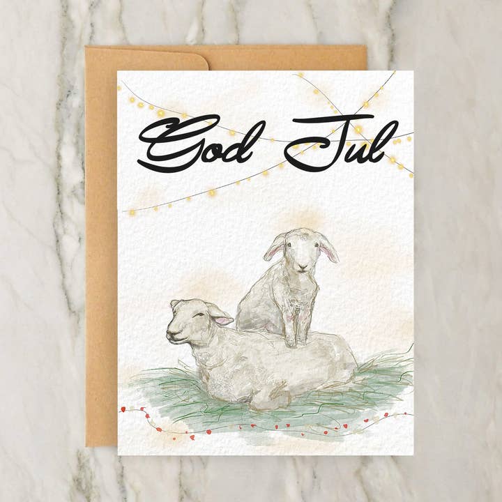 Glædelig Jul - Norsk Får Glædelig Jul 4x5" Julekort for engroshandel hos Hudson Illustration Co - About Town Co