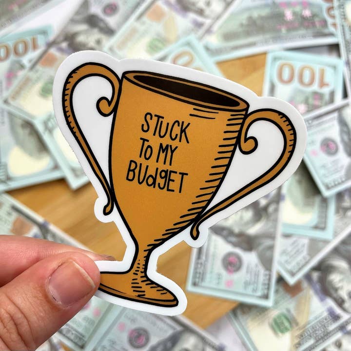 Stuck to My Budget Trophy Sticker, 3-inch for wholesale by Kingdom of Threads