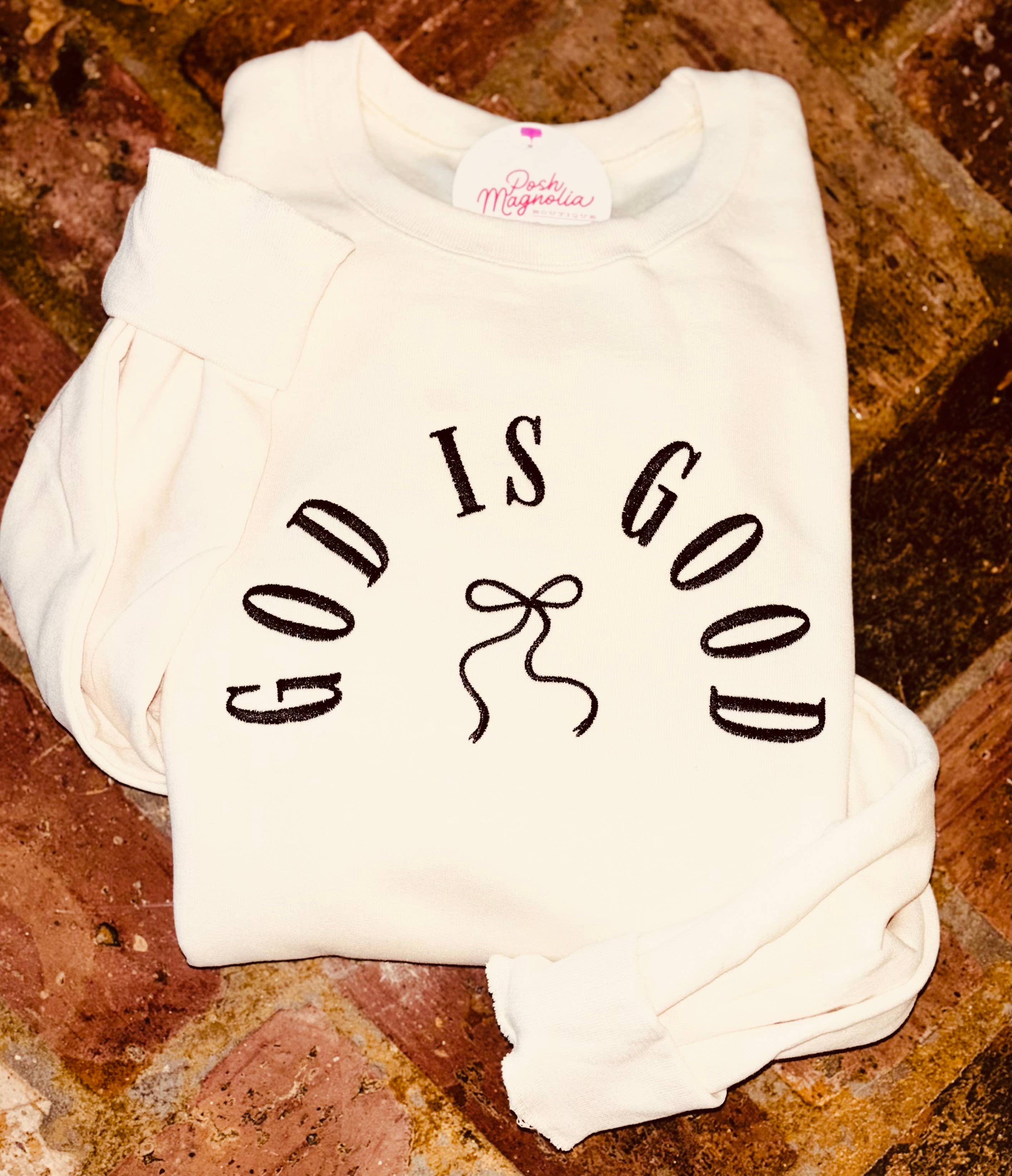 Posh Magnolia Boutique - Wholesale Graphic Sweatshirt - Women's - God Is Good Embroidered Sweatshirt Religious Sweatshirt1