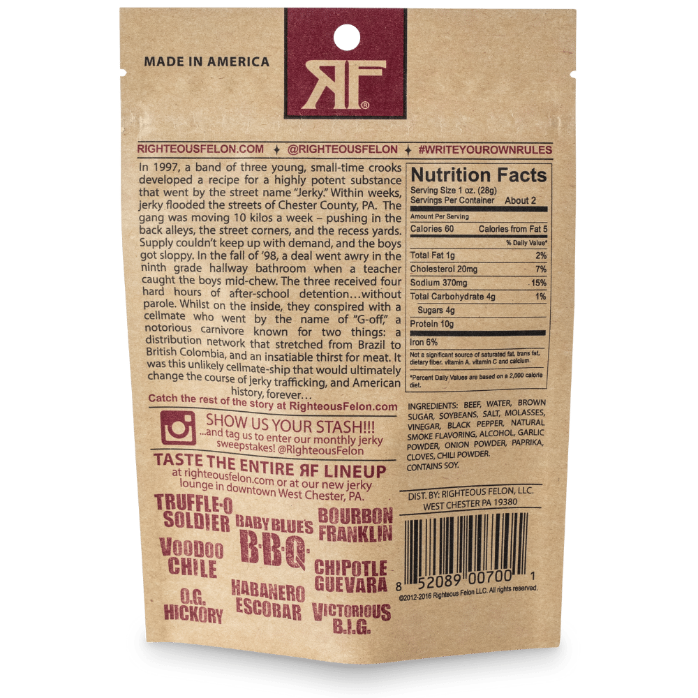 Righteous Felon Craft Jerky - Wholesale Jerky - OG Hickory Beef Jerky 2oz3