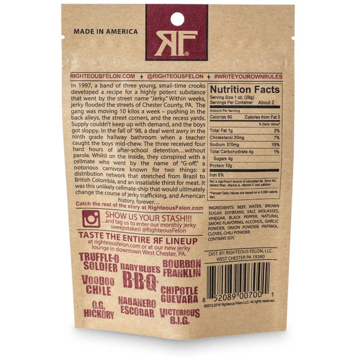 Righteous Felon Craft Jerky - Wholesale Jerky - OG Hickory Beef Jerky 2oz3